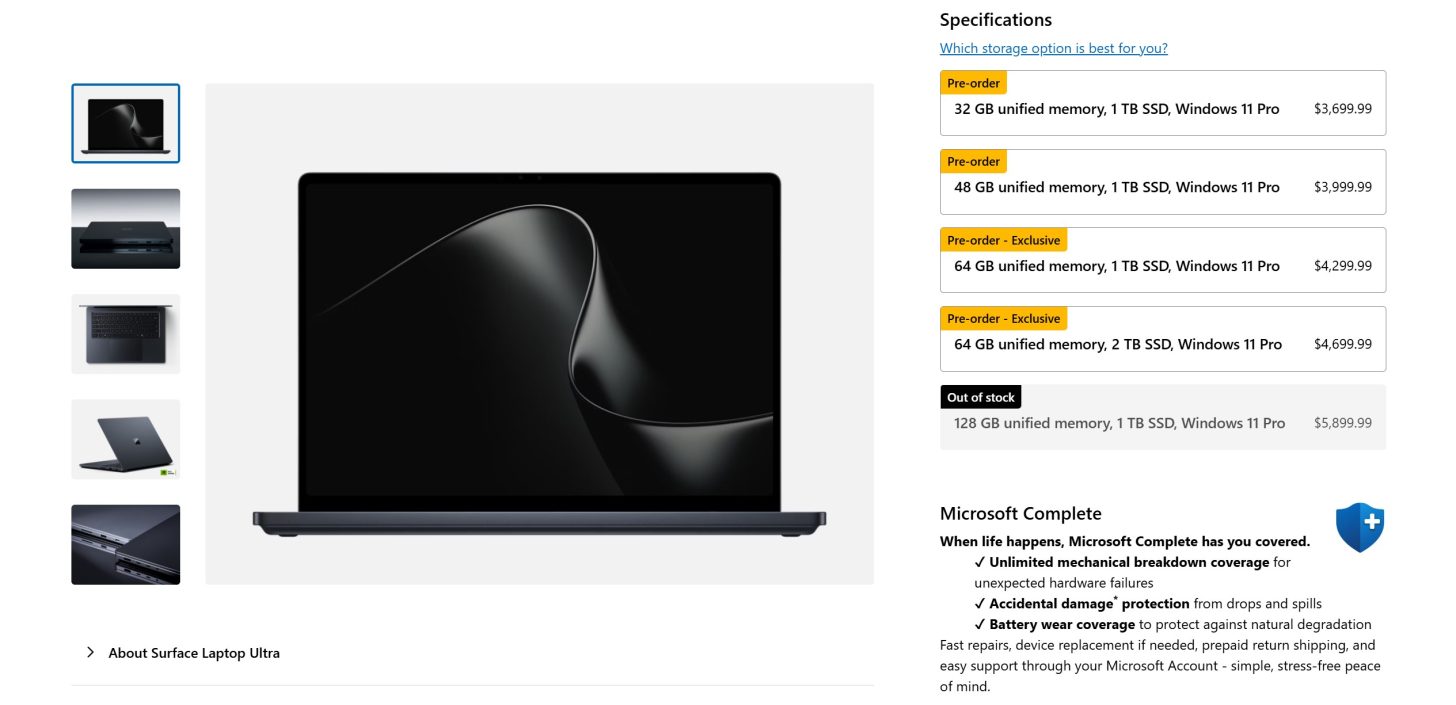 A Microsoft Surface Laptop Ultra with a black screen is displayed alongside specifications listing various configurations, including options like '32 GB unified memory, 1 TB SSD, Windows 11 Pro' priced at $3,699.99, and the highest configuration with '128 GB unified memory' marked 'Out of stock' for $5,899.99.